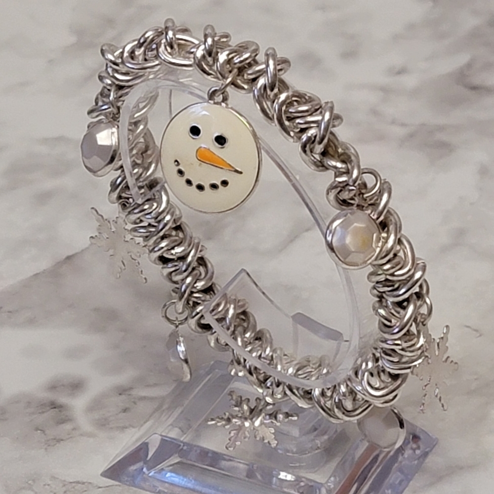 Christmas Charm Bracelet Snowman Snowflake Stretch Silver Tone Chainmail Holiday